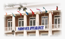 Photo of Lee Hall with banner reading Pardon Our Appearance